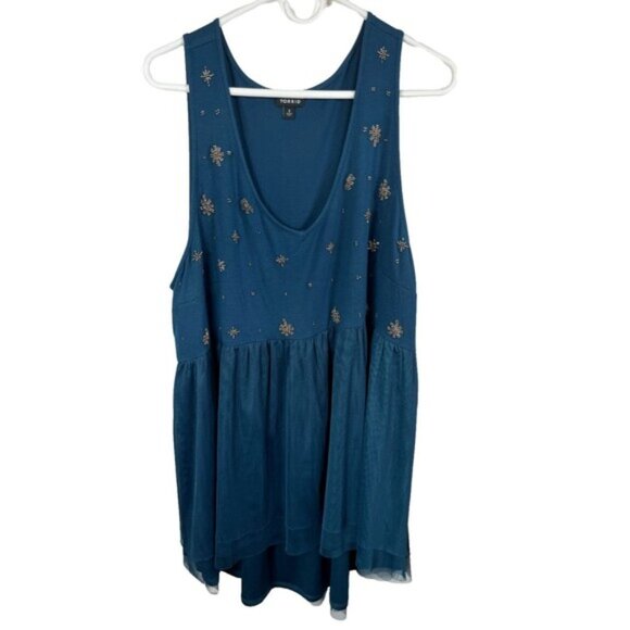 Torrid Blouse Women 3X Blue Mesh Silver Beaded Sleeveless Plus Size - Picture 1 of 8